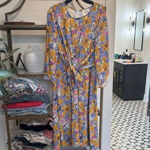 Elegant Floral Midi Dress in Yellow and Purple